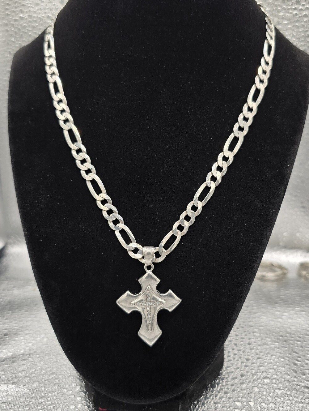 Vintage 18" Sterling Silver 7mm Figaro Necklace 1.8" Cross Pendant